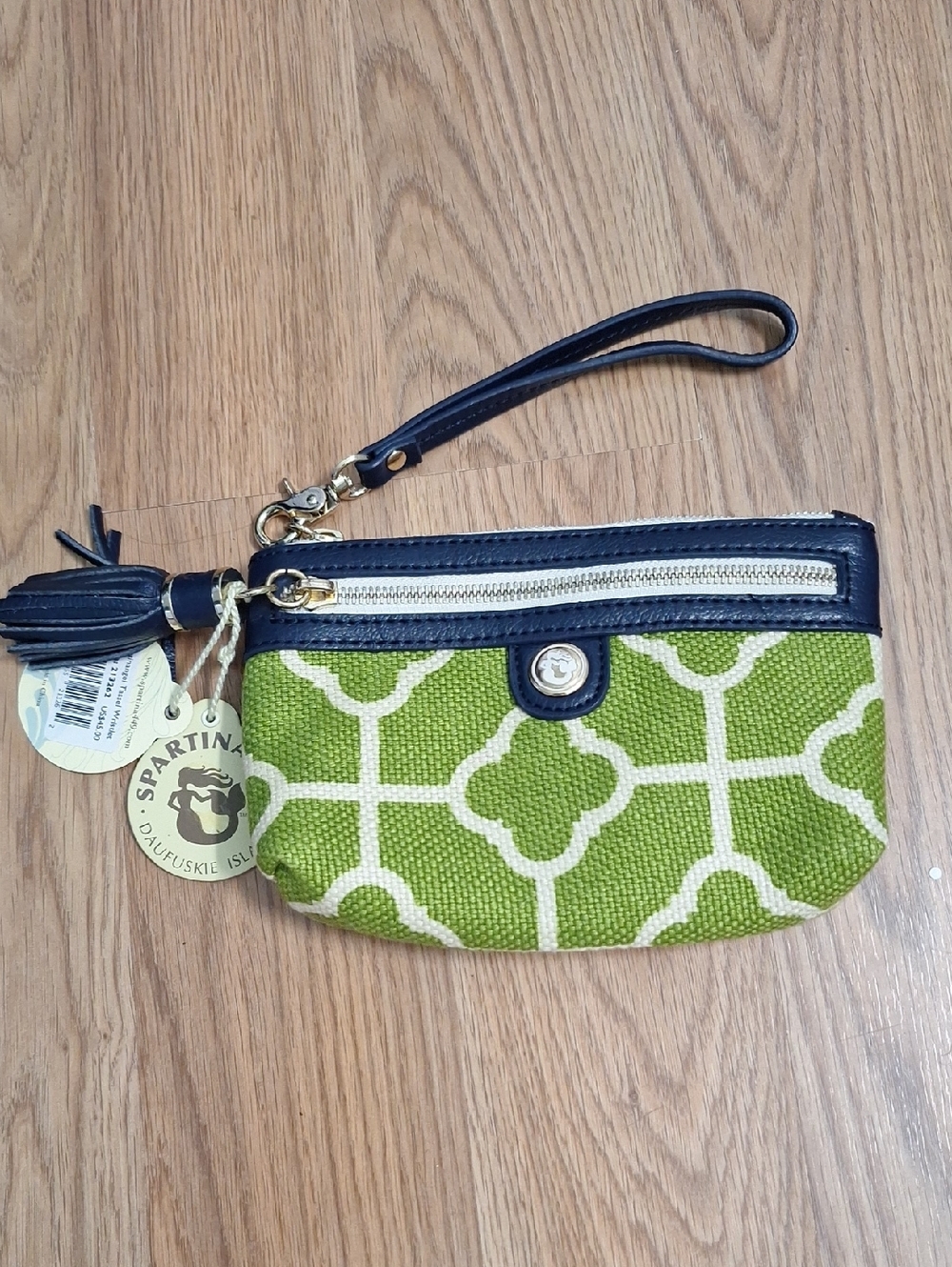 Spartina 449 Leather Linen Lime Green and Navy Patterned Wristlet